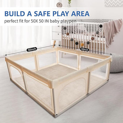 Baby Play Mat for Floor, 1.3" Thick Elasti-Foam 50x50 Playpen Mat for Toddlers Infant kids,Water-Repellent Soft Coral Velvet for Tummy Time, Non-Slip Backing for Crawling,Tatami Style(Beige)