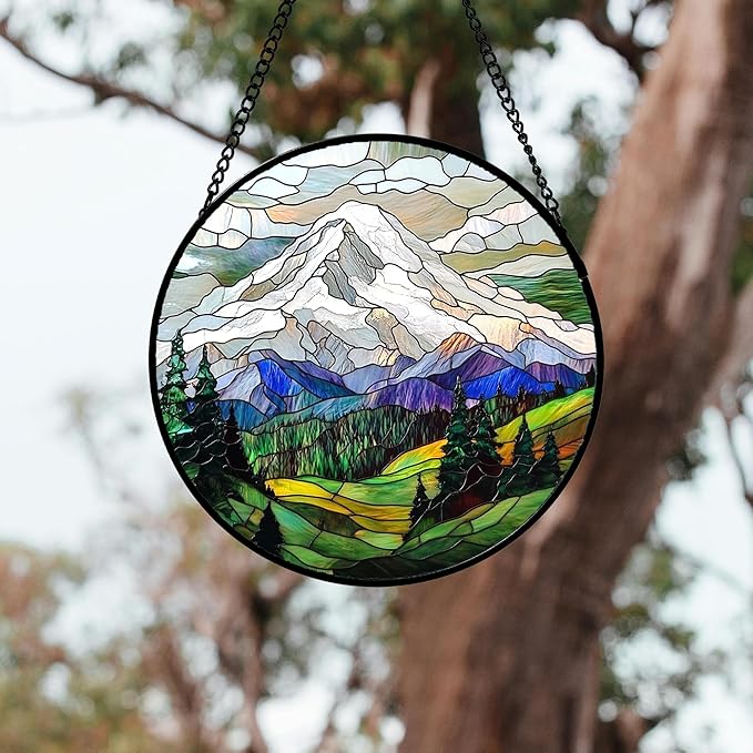 DASTOLL Stained Glass Window Hanging 4 Pcs Set Mountains Lake Green White