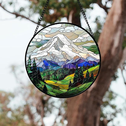 DASTOLL Stained Glass Window Hanging 4 Pcs Set Mountains Lake Green White