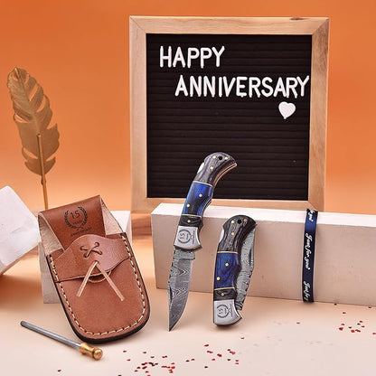 6.5' Personalized Engraved Damascus pocket knife for men Small folding knife for outdoor, camping, hiking, Customized Retirement Gifts for Husband Dad Boyfriend, Christmas