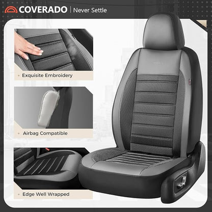 Coverado Car Seat Covers Front Seats, Luxury Leather Car Seat Covers, Automotive Mesh Seat Covers 2 Pack, Airbag-Compatible, Black Gray Seat Covers for SUV Sedan Truck