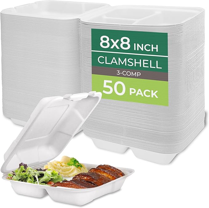 Freshware Compostable Clamshell Food Containers 3-Compartment 50-Pack,