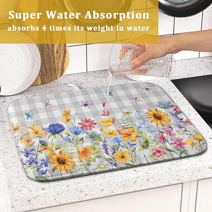 Giwawa Spring Floral Dish Drying Mat, Summer Flower Grey Buffalo Plaids Dish