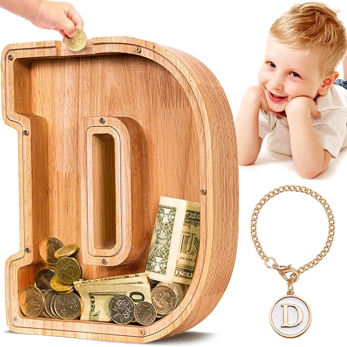 SummiDate Wooden Letter Piggy Bank| Piggy Bank for Boys Girls Toddler| Alphabet D Money Bank| Coin Bank Birthday Gift for Kids|Birthday Gift for Kids (D)