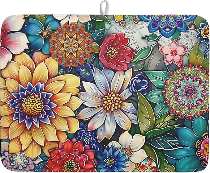 Boho Floral Dish Drying Mat for Kitchen Counter 18x24 Inch Super Absorbent