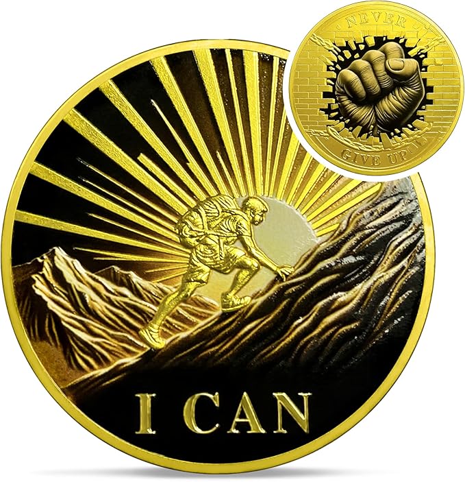Never Give Up Challenge Coin - Cheer up I Can Motivational Token - Inspirational Gold Reminder Pocket Medallions - Encouragement Gifts for Women Men Family Friends Students Team