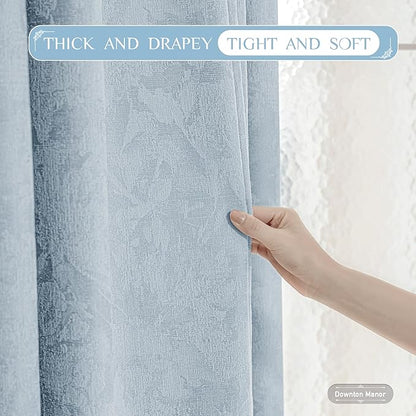 Beauoop Blue Floral Jacquard Blackout Curtains 84 Inches Long
