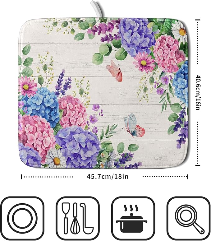 Hydrangea Floral Dish Drying Mat 16x18 inch Spring Summer Decorative Fast Dry