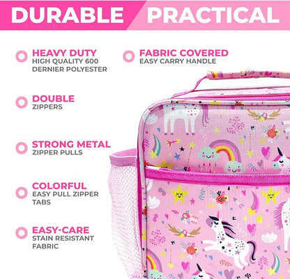 kinsho Bento Lunch Box with Insulated Bag and Water Bottle Set for Kids Toddlers, 4 Portion Sections, Removable Tray, Pre-School Girl Toddler Daycare Lunches, Snack Container, Pink Unicorn