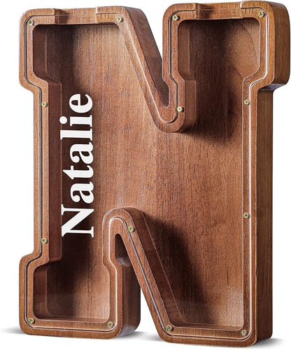 Summidate Customized Name Extra Large Wooden Piggy Bank for Kids Boys Girls Alphabets Letter A-Z Coins Bills Money Change Saving Box Clear Cover (Laser Engraved) Educational Toys 12"- Letter M
