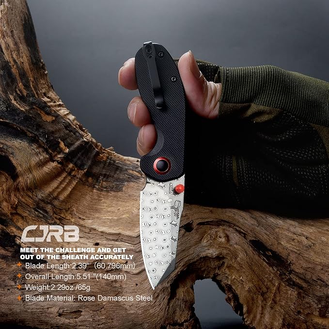 CJRB Maileah pocket knife, folding knife with 2.39'' Damascus Steel Blade, Black G10 Handle EDC Knife for Men Outdoor Survival Camping Limited Edition (J1918D)