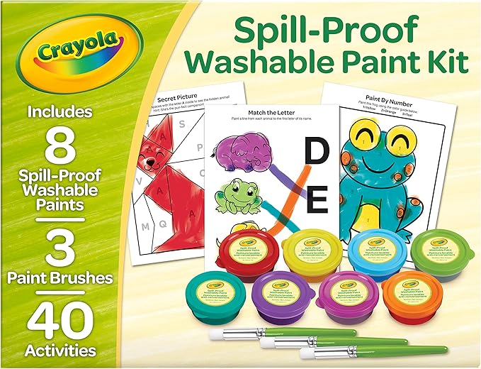 Crayola Spill Proof Paint Set (8ct), Stocking Stuffer & Holiday Gifts for Toddlers, Washable Toddler Paint Kit, With Brushes, Pots, Activity Pages, Ages 3+