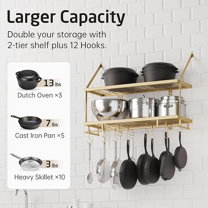 KES 30-Inch Gold Pot Rack Wall Mounted, 2-Tier Hanging Pot and Pan Organizer