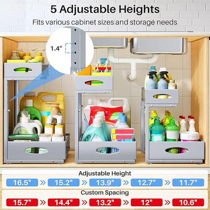 Under Sink Organizer, 2 Pack 2 Tier Pull Out Under Cabinet Organizer Shelf