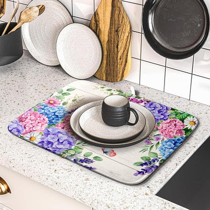 Hydrangea Floral Dish Drying Mat 16x18 inch Spring Summer Decorative Fast Dry