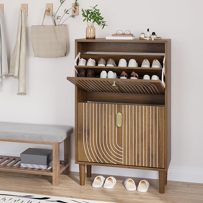 Smuxee Shoe Cabinet with 2 Flip Drawers, 23.6" Walnut Hidden Shoe Storage
