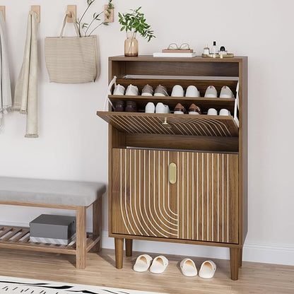 Smuxee Shoe Cabinet with 2 Flip Drawers, 23.6" Walnut Hidden Shoe Storage