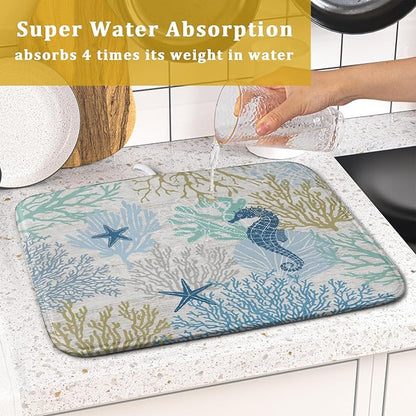 Blue Coral Dish Drying Mat Coastal Starfish Dishes Pad Hanging Drainer Mats