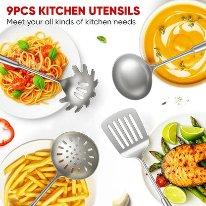 Newness 9 Pcs Cooking Utensils Set, 304 Stainless Steel Kitchen Utensils Set