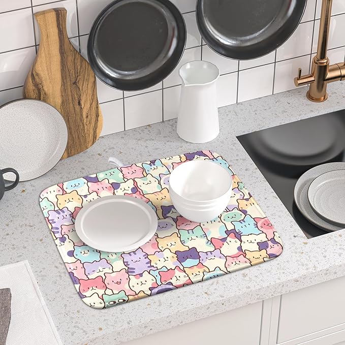Colorful Cats Dish Drying Mat 16x18 inch Cute Animal Microfiber Reversible Fast