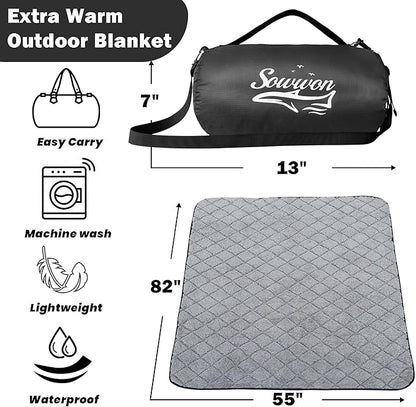 Waterproof Outdoor Blanket 82”X 55” Packable, Stadium Blankets for Camping with Sherpa Fleece Lining, Large Windproof Emergency Throw for Garss Picnic Hiking Road Trip, Machine Washable, Black 300GSM