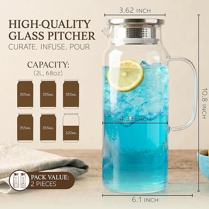 2 Pack Glass Pitcher with Lid and Handle, 68oz 2 Liter Borosilicate Glass Water