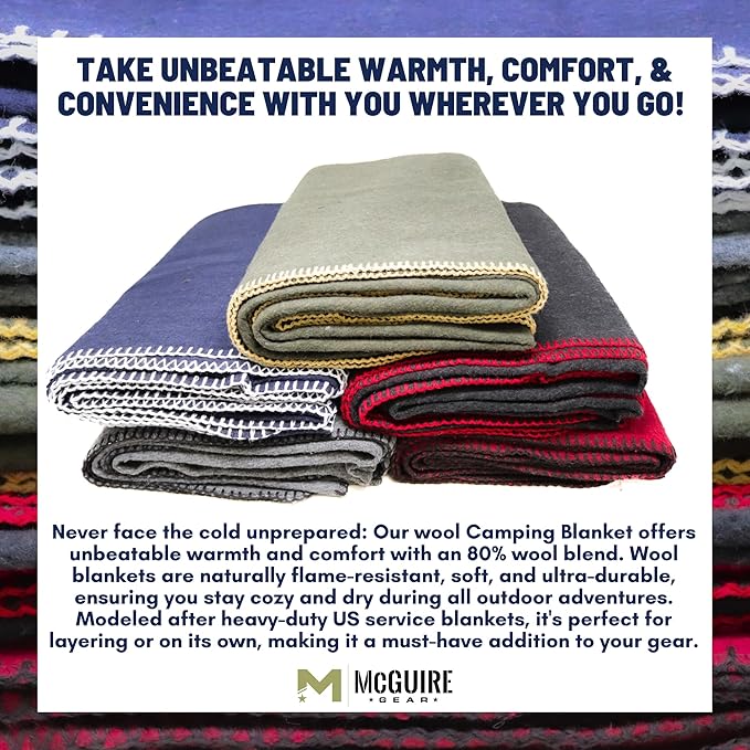 M MCGUIRE GEAR Heavy Duty Wool Blanket, Survival, Emergency, and First Aid Use – Mil-Spec, Fire Retardant, Durable Outdoor Wool Blankets for Camping. - Black, (64 x 90 inches)