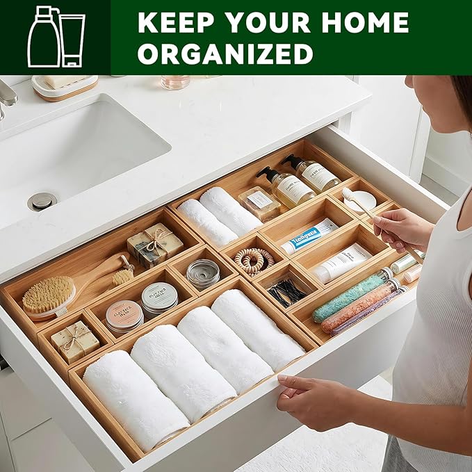 Bamboo Drawer Organizer 14 Pcs for Kitchen Multi-purpose Storage Dividers for