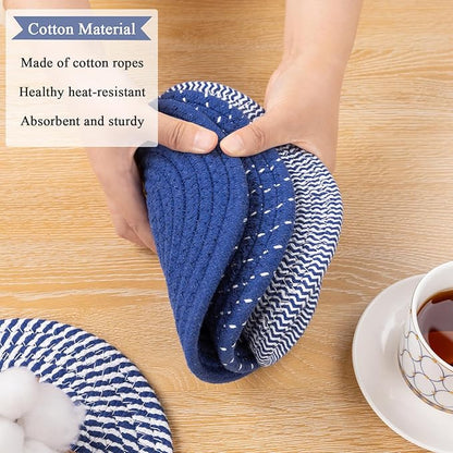 SHACOS 8 Inches Trivets for Hot Dishes, 4 Pieces Cotton Trivets Mats for Kitchen, Hot Pads for Countertops and Table, Heat-Resistant Pot Holders for Hot Pots and Pans(Deep Blue, 4pcs)