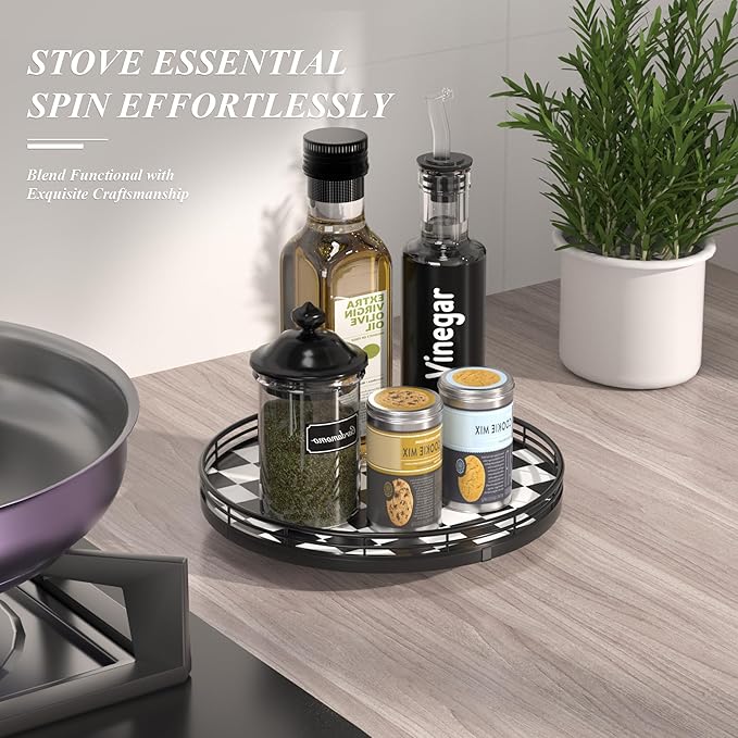 Black and White Kitchen Lazy Susan Turntable – Checkered Round Decorative Tray