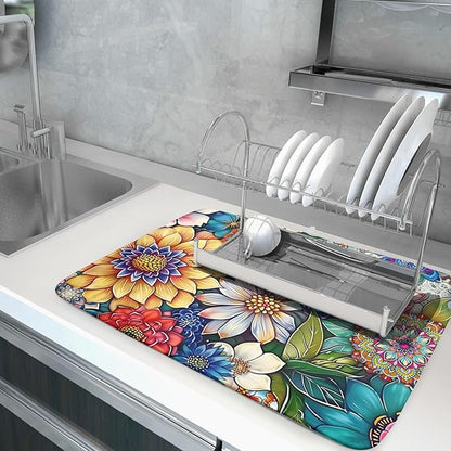 Boho Floral Dish Drying Mat for Kitchen Counter 18x24 Inch Super Absorbent