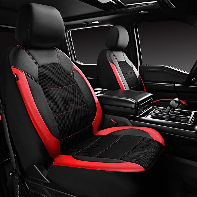 CAR PASS Universal Leather car seat Covers Sport fits Most Cars, SUVs, Trucks, and Vans (Full Set, Black Red)