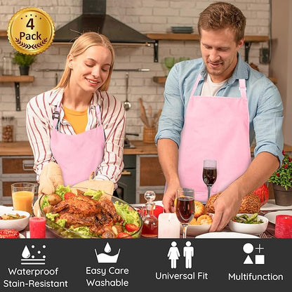4 Packs Chef Apron with 2 Pockets, Waterproof Adjustable Apron