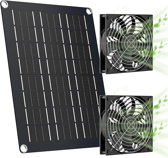 MARBERO 4.7 Inch Solar Powered Fan Kit, 15W Solar Panel with 2 Waterproof Fans, Intake or Exhaust Air Fan wtih 13 Ft Cable for Outside Backyard Chicken Coops, Greenhouses, Dog Houses, Pet Houses