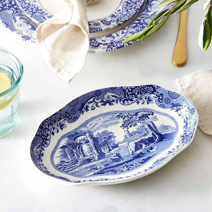 Spode Blue Italian Pickle Dish - 8.5" Porcelain Appetizer Tray with Scroll Border & Countryside Artwork - Elegant Small Serving Piece for Entertaining & Dining Displays - Great Gift for Collectors