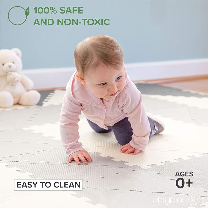 Play Platoon Non-Toxic Extra-Thick 96 Piece Triangle Play Mat - Comfortable 6x6ft Cushiony Foam Floor Puzzle Exercise Mat for Kids & Toddlers - Gray & Cream