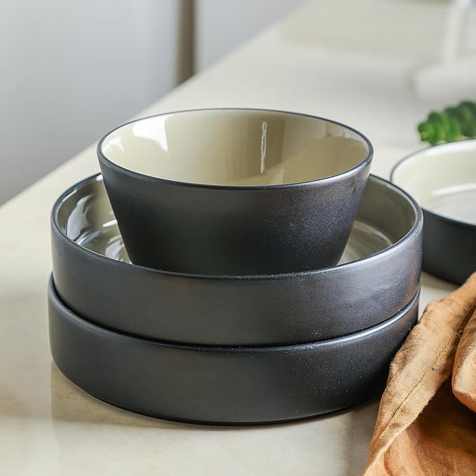 Stone Lain Elica Stoneware 12-Piece Dinnerware, Plates and Bowls Sets, Service for 4, Beige and Black, Modern Dishware, Microwave & Dishwasher Safe