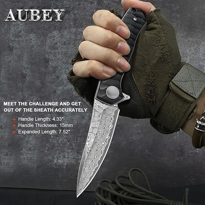 AUBEY Damascus Pocket Knife for Men with Clip EDC, 3.23" VG10 Core Damascus Steel Blade Folding Knife with Black Aluminum Handle, Sharp Camping Knife