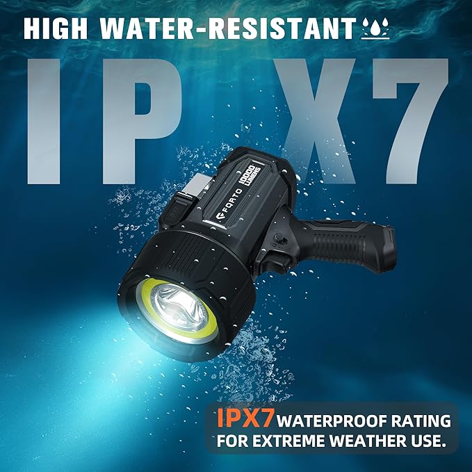 FORTO Rechargeable Spotlight 10000 Lumen Ultra Bright IPX7 Waterproof Flashlight, Boat Spotlight with EVA Carrying Case Tripod, 7 Light Modes Handheld Spotlight Flashlight for Marine Boat Hunting