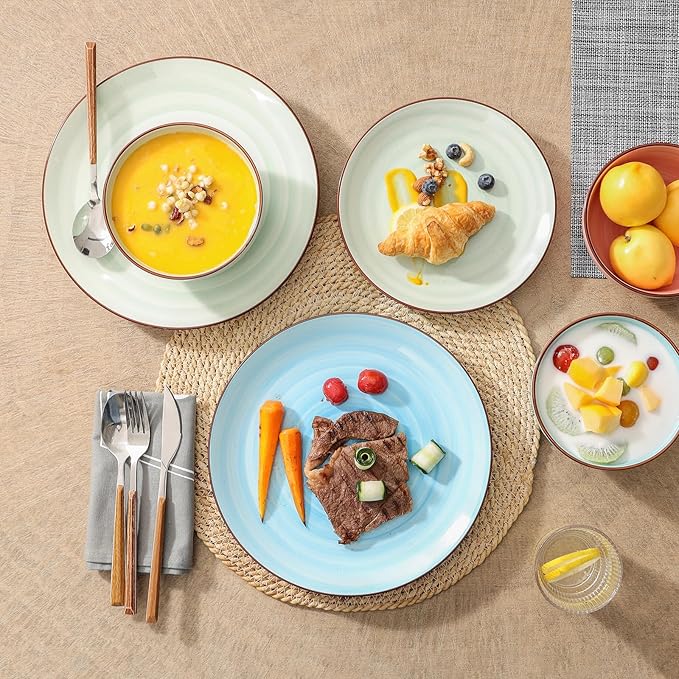 Selamica Ceramic 16-Pieces Dinnerware Set, Ceramic Dishes Set for 4, Kitchen Plates and Bowls Sets, Dinner Plates Set, Spray Black Dots, Gradient Color