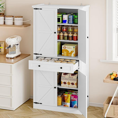 Pantry Organizers and Storage Cabinet, 70” Barn Door White Kitchen Cabinet