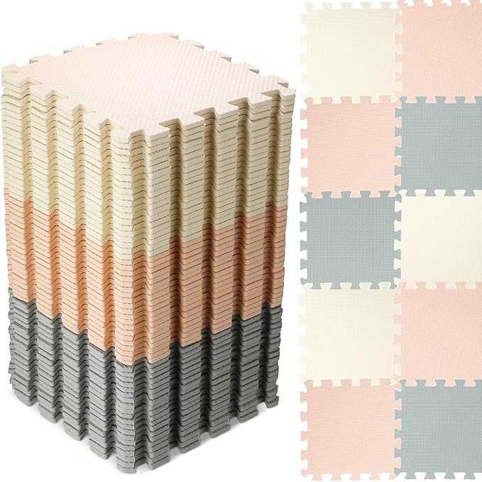 Nuanchu 60 Pcs Kids Foam Puzzle Floor Mat Bulk Solid Color Foam Play Mat with Borders Interlocking Multi Use Floor Rug for Baby Toddler Children Crawling Exercise Playroom 12 inch (White, Cream, Gray)