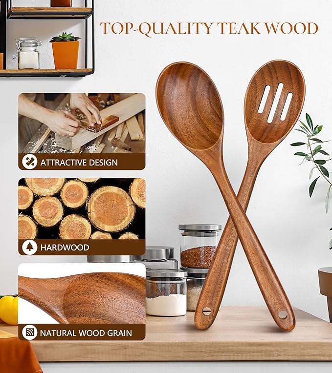 2Pcs Wooden Spoons for Cooking, Natural Premium Teak Wooden Spoon & Slotted