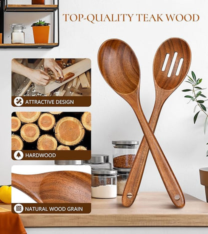 2Pcs Wooden Spoons for Cooking, Natural Premium Teak Wooden Spoon & Slotted