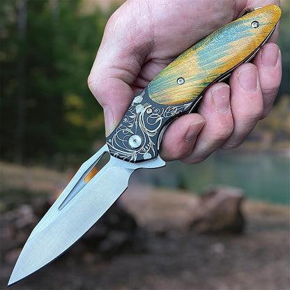 TACTICAL GEARZ Premium EDC Folding Pocket Knife, ASP30 Steel Drop Point Blade, Ball Bearing Pivot, Solidified Wood Handle, Includes Premium Leather Sheath (Narsil)