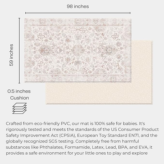 Baby Care Soft Rug (Prestige, Ikat - Tebriz) 98'' x 59'' Original One-Piece Reversible Rollable Waterproof Play Mat for Infants, Babies, Toddler, and Kids