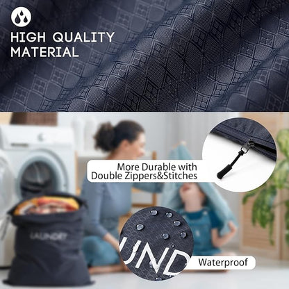 Travel Laundry Bag (2 Pcs - Large + Small) - Foldable Waterproof Washable Wet Dry Bag for Gym, Swimming, Yoga, and Workout Perfect for Dirty Clothes, Bathing Suits, Travel Accessories - Navy Blue