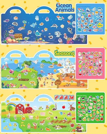 Benresive Reusable Sticker Book for Toddlers 2-4 Years, 3 Sets Travel Stickers for Kids, Waterproof Sticker Books for Toddlers 1-3, Crafts Activities for Todddlers 1-3 2-4 3-5
