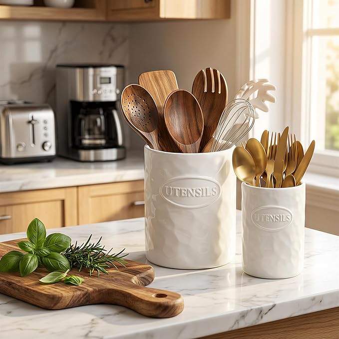 White Utensil Holder Set of 2 Ceramic Cooking Utensil Crock Modern Kitchen