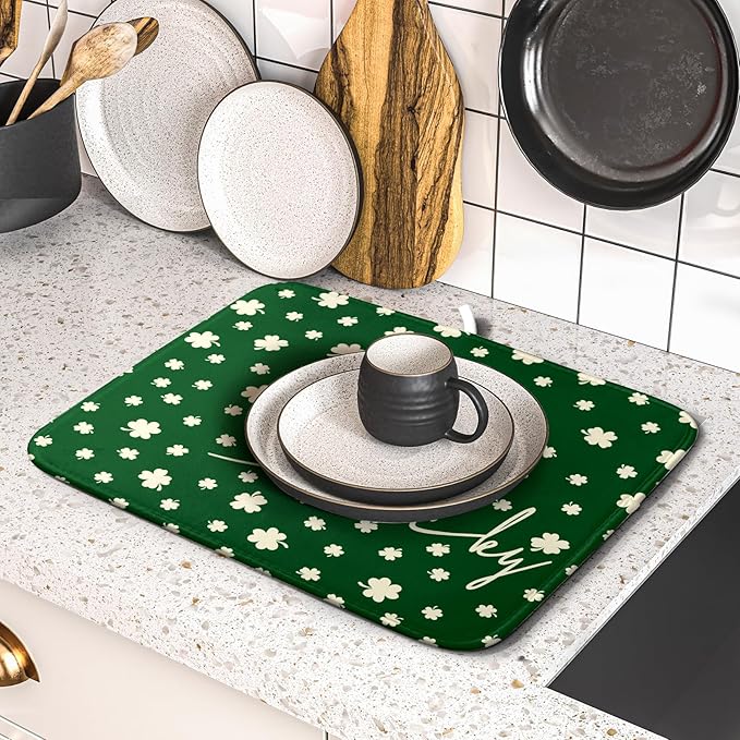 Giwawa St Patricks Day Dish Drying Mat Green Lucky Clovers Dish Drainer Mats